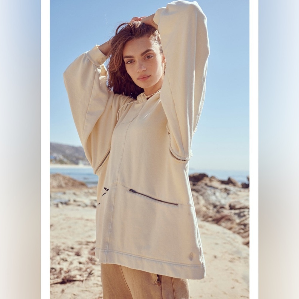 Free People Movement Close Call Zip Hoodie Oversized Cream Sweatshirt Sleeveless